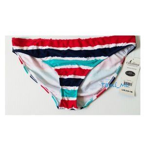 L Swim Bikini Bottom Vibrant Stipes Aqua White Navy Blue Red pool beach NEW
